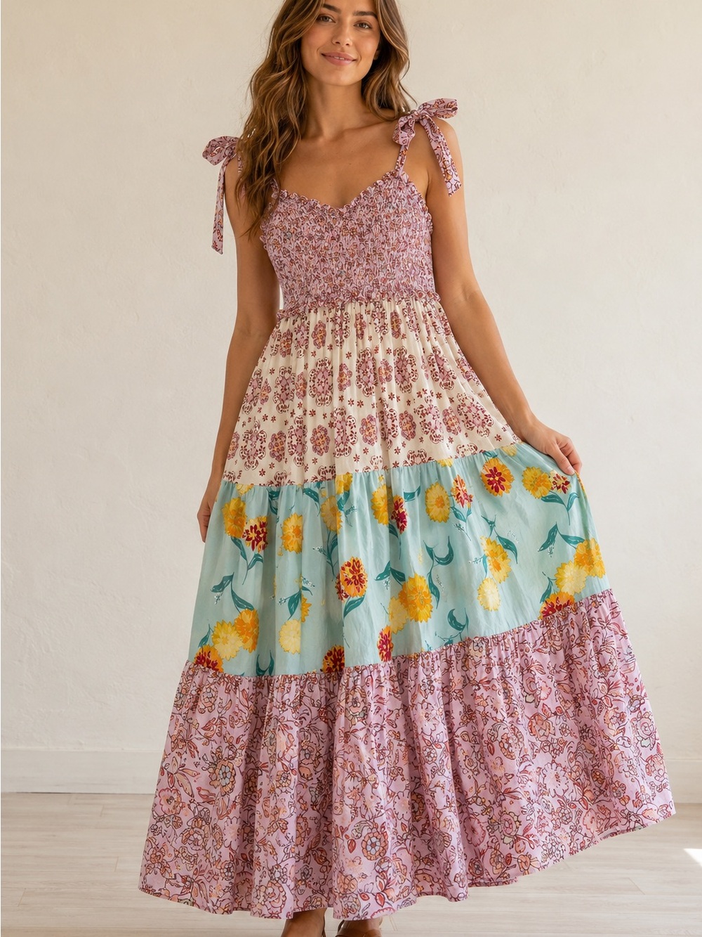 Nannette Floral Tiered Tie-Shoulder Maxi Dress in Dusty Rose, Aqua & Yellow